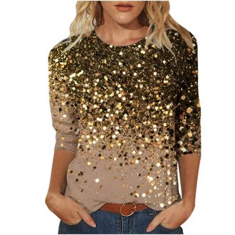 Generic Ladies Sparkly Tops 3/4 Sleeve Tunic Blouse Tops Y2K Long Sleeve Shirt Elegant Casual Printed Long Sleeve Sequin T-Shirt Round Neck Party Top Women Fa