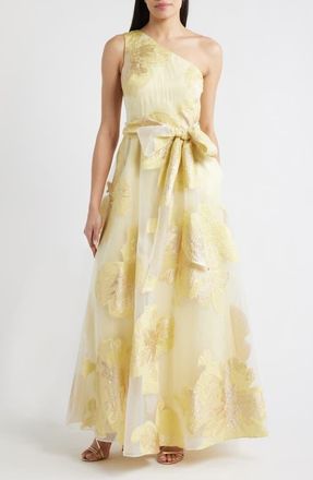 Eliza J One-Shoulder Brocade Ballgown in Yellow at Nordstrom, Size 10