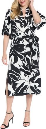 London Times Tie Waist Split Neck Midi Dress in White/Black at Nordstrom Rack, Size X-Large