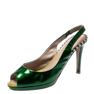 Sergio Rossi Green Patent Leather Peep Toe Slingback Sandals