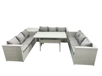 Fimous Rattan Garden Outdoor Furniture Set 9 Seater Garden Sofa Rectangulr Dining Table Set with Side Table Light Grey Mixed