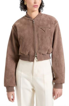 Mani&egrave;re De Voir Monique Suede Wide Shoulder Bomber Jacket in Taupe at Nordstrom, Size 4