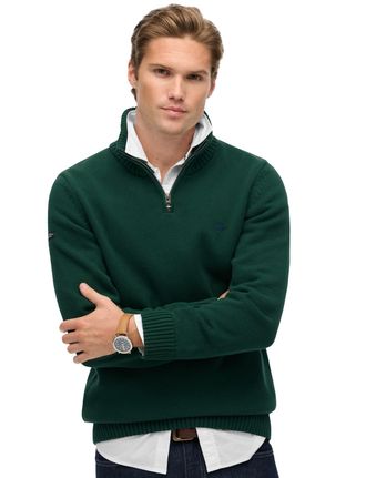 Superdry trui donkergroen katoen gebreid half zip effen