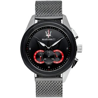 Maserati Traguardo herenhorloge met chronograaf, zwarte wijzerplaat en zilverkleurige mesh armband
