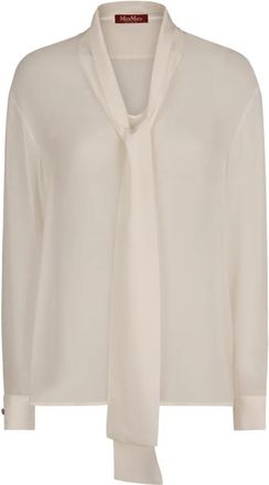 Max Mara Zijden Strikblouse met Hemdje - Dames - Blouses - Wit - XL - Overhemden