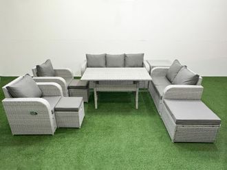 Fimous PE Rattan Garden Furniture Set Reclining Chair Sofa Double Love Seat 2 Seater Sofa Lounge Set Rectangular Dining Table 3 Stools Side Table