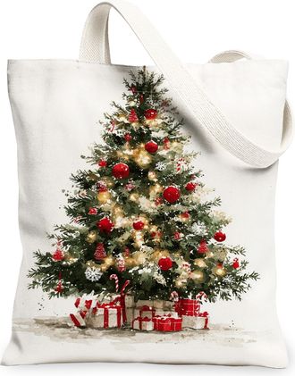 Generic Christmas Tree Holiday Canvas Tote Bags, Cute Festive Reusable Lightweight Washable Shopping Bags Shoulder Strap Canvas for Gifts Travel Party 13x15 I