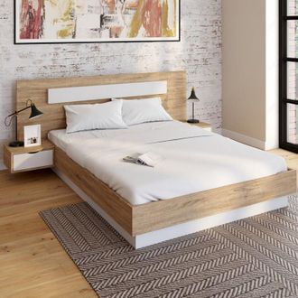 IDMarket Cama doble SANTA con cabecero + mesillas integradas y somier de 140 x 190 cm de madera y listones blancos