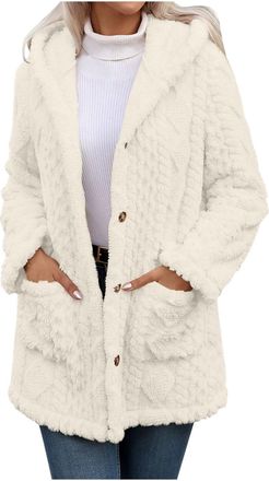 Generic Ladies Fleece Jacket Sherpa Warm Fluffy Thicken Button Down Winter Hooded Coats Soft Cozy Long Sleeve Thermal Plush Outwears with Pockets