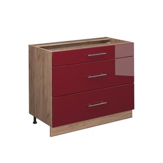Vicco Mueble Bajo De Cocina Fame-line, Rojo Burdeos Alto Brillo/roble Dorado, 100 Cm Sin Encimera, Vicco