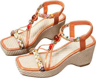 Generic womens sandals Sandals for Women Bohemian Beaded Elastic Ankle Strap Sandal Summer Casual Non-Slip Wedge Shoes Comfortable Open Toe Walking Slides Bea