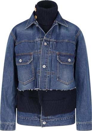 sacai Blue Cotton-Wool Deconstructed High Neck Denim Jacket