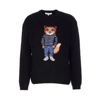 Maison Kitsuné Round-neck Knitwear, male, Black, S, Dressed Fox Intarsia Wool Jumper