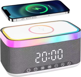 OEM Reloj Despertador Digital Con Luz Y Base De Carga, Reloj Despertador Digital 3 En 1 Con Altavoz Bluetooth, Cargador Inal&aacute;mbrico De 15 W, Doble Alarma,