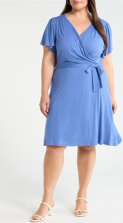 Loveappella Flutter Sleeve Faux Wrap Jersey Dress in Denim at Nordstrom, Size 3X