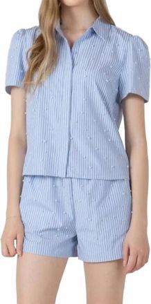 Dex Clothing Womens Pearl Detail Button Up Shirt In Blue