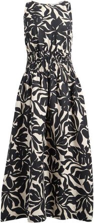 Nordstrom Smocked Waist Linen Blend Dress in Beige- Black Fira Bloom at Nordstrom, Size Xx-Large