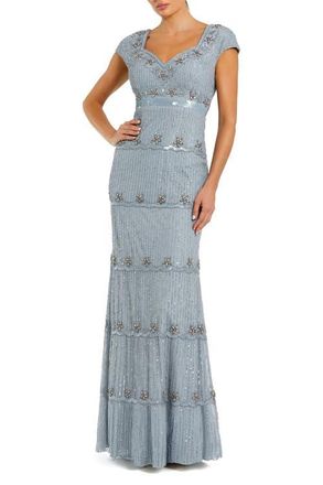 Mac Duggal Beaded Sweetheart Neck Sequin Cap Sleeve Gown in Powder Blue at Nordstrom, Size 16