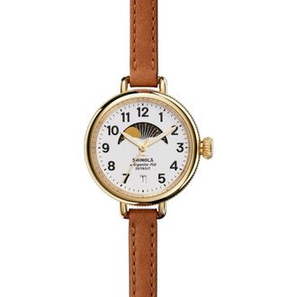 Shinola The Birdy Moon Phase Leather Strap Watch, 34mm in Brown/White/Gold at Nordstrom