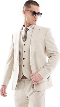 Asos Giacca da abito skinny fit in misto lana color pietra con motivo a spina di pesce-Neutro