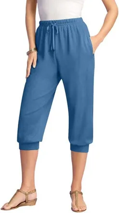 Roaman's Plus Size Soft Knit Capri Pant With Drawstring Waist in Dusty Indigo at Nordstrom, Size Small
