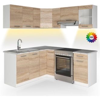 Vicco Cocina Esquinera Rick, Blanco/sonoma, 187 X 167 Cm, Et M&aacute;rmol Con Tira De Led