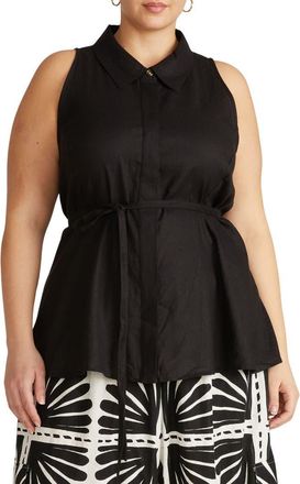 Universal Standard Adelaide Linen Blend Tie Waist Top in Black at Nordstrom, Size Xl