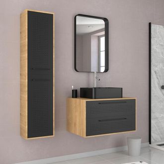 Aurlane Mueble De Ba&ntilde;o 2 Cajones + Lavabo Rectangular + Columna + Uby 80cm Espejo