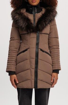 Noize Gigi Vegan Faux Fur Trim Quilted Parka in Mocha at Nordstrom Rack, Size X-Small
