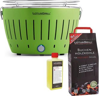 Lotus Grill Barbacoa Verde Con Pilas Y Cable De Alimentaci&oacute;n Usb + 2,5kg De Carb&oacute;n De Haya + Gel Combustible 500ml -lotus Grill