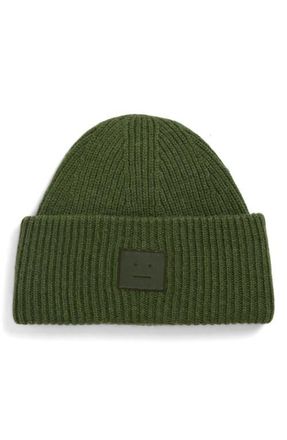 Acne Studios Pana Face Patch Wool & Yak Hair Blend Rib Beanie in Bottle Green at Nordstrom