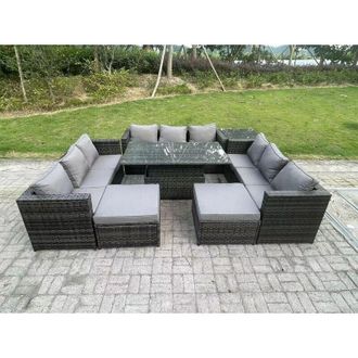 Fimous 11 Seater Outdoor Rattan Garden Furniture Sofa Set Patio Adjustable Rising Lifting Dining Table Set with Side Table 2 Big Footstools Dark Grey Mixed