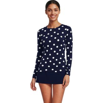 Lands End SunShade UPF 50 Long Sleeve Rash Guard Swim Tee in Deep Sea Navy Polka Dot at Nordstrom, Size X-Large