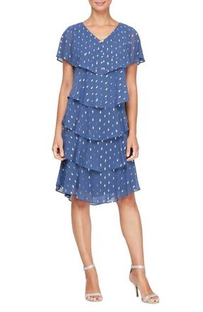 S.L. Fashions Cape Top Metallic Printed Tiered Dress in Wedgewood at Nordstrom, Size 12P