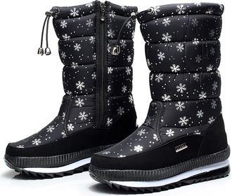 Generic Womens Boots Winter Lined Warm Platform Ankle Boots Slip On Thick Sole Fleece Padded Mid Calf Outdoor Walking Shoes Slip Water Solid Colour Snowflake 