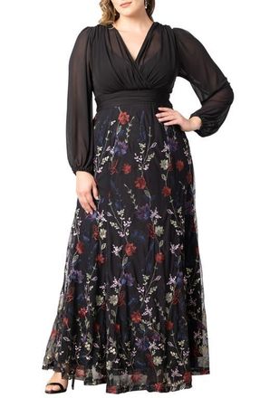 Kiyonna Isabella Embroidered Long Sleeve Gown in Enchanted Garden at Nordstrom, Size 0X