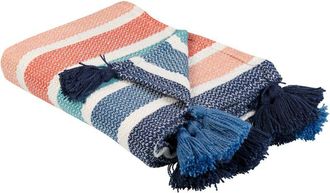 Beliani Beliani - Manta Rojo Azul Blanco 130 X 150 Cm Poli&eacute;ster Pet Patr&oacute;n A Rayas Borlas Senbuk