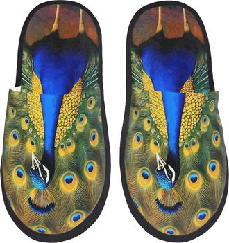 Generic Plush Slippers Peacocks Portable Camping Slippers Reusable Anti-Slide Slipper For Hotel Home Holiday L