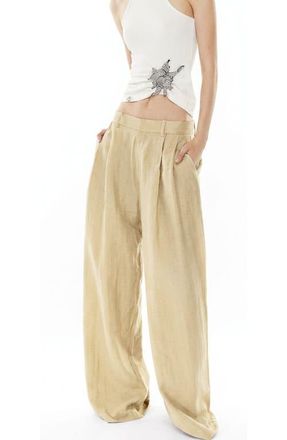Mother of All Hedi Mid Waist Tailored Linen Pants in Yellow at Nordstrom, Size X-Small