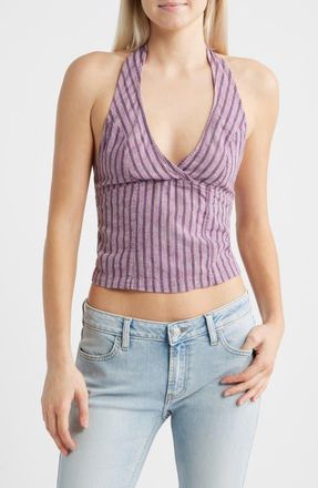BDG Quinn Stripe Linen Halter Top in Purple Stripe at Nordstrom, Size X-Small