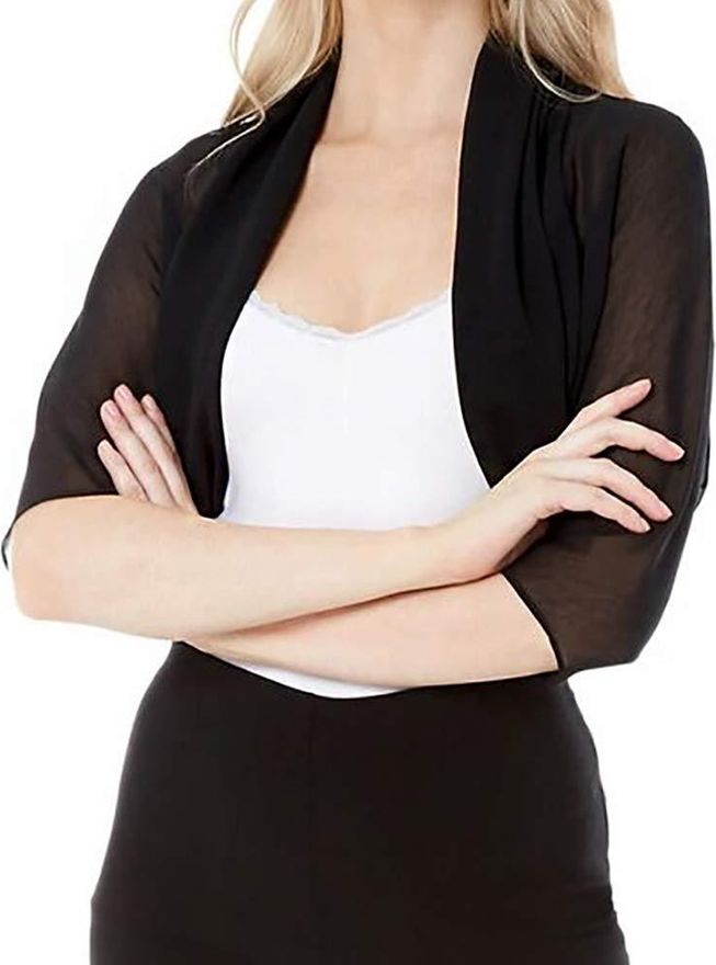 black chiffon shrug for dresses Women Shrug Soft Chiffon Open Front Sheer 3/4 Sleeve Bolero Cardigan for  Evening Dress(Black,S) at Amazon Women's Clothing store