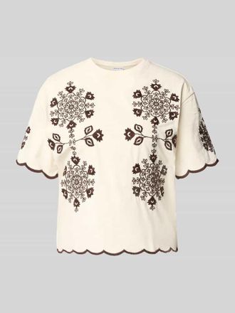 Jake*s Casual T-Shirt mit Wellensaum und Motiv-Stitching in Beige, Gr&ouml;&szlig;e XXL