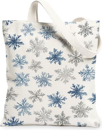 Generic Winter Snowflake Canvas Tote Bags, Artistic Pattern Reusable Grocery Bags, Vintage Lightweight Washable Shoulder Strap Canvas for Outdoor Travel Beach