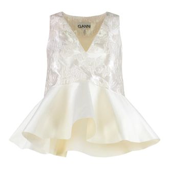 Ganni Sleeveless Tops, female, White, Size: 2XS Satin Top with Peplum and Cloque