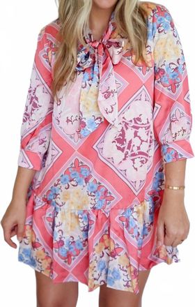 Fate Lilly Satin Tie Neckline Tiered Ruffle Hem Dress In Coral