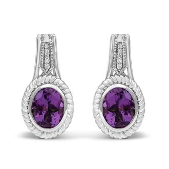 House of Brilliance Sterling Silver Oval Purple Amethyst and Diamond Accent Rope Design Drop Earrings