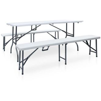 vidaXL Vidaxl - Mesa De Jard&iacute;n Plegable Con 2 Bancos Acero Y Hdpe Blanco 180 Cm