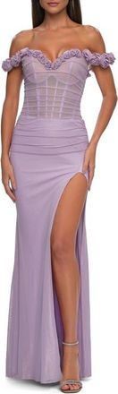 La Femme Prom Dress with Rosette Off the Shoulder Straps and Neckline in Lavender at Nordstrom, Size 10