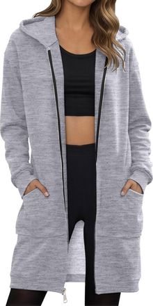 Generic Hoodies For Women Longline Solid Thin Fleece Hoody Jackets Full Zip Up Ladies Oversized Hooded Sweatshirts Coat With ockets Autunm Winter Spring Suita