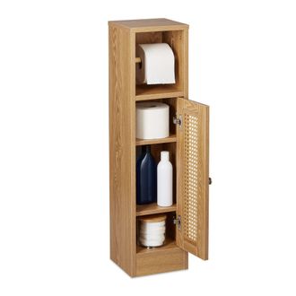 Relaxdays Relaxdays - Portarrollos De Pie Con Puerta Tejida, Armario De Ba&ntilde;o, 80 X 20,5 X 21 Cm, Efecto Madera, Estrecho, Marr&oacute;n